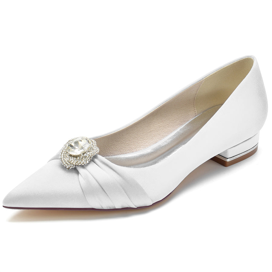Bridal Shoes for Women with Low Heel Pointed Toe and Round Rhinestones