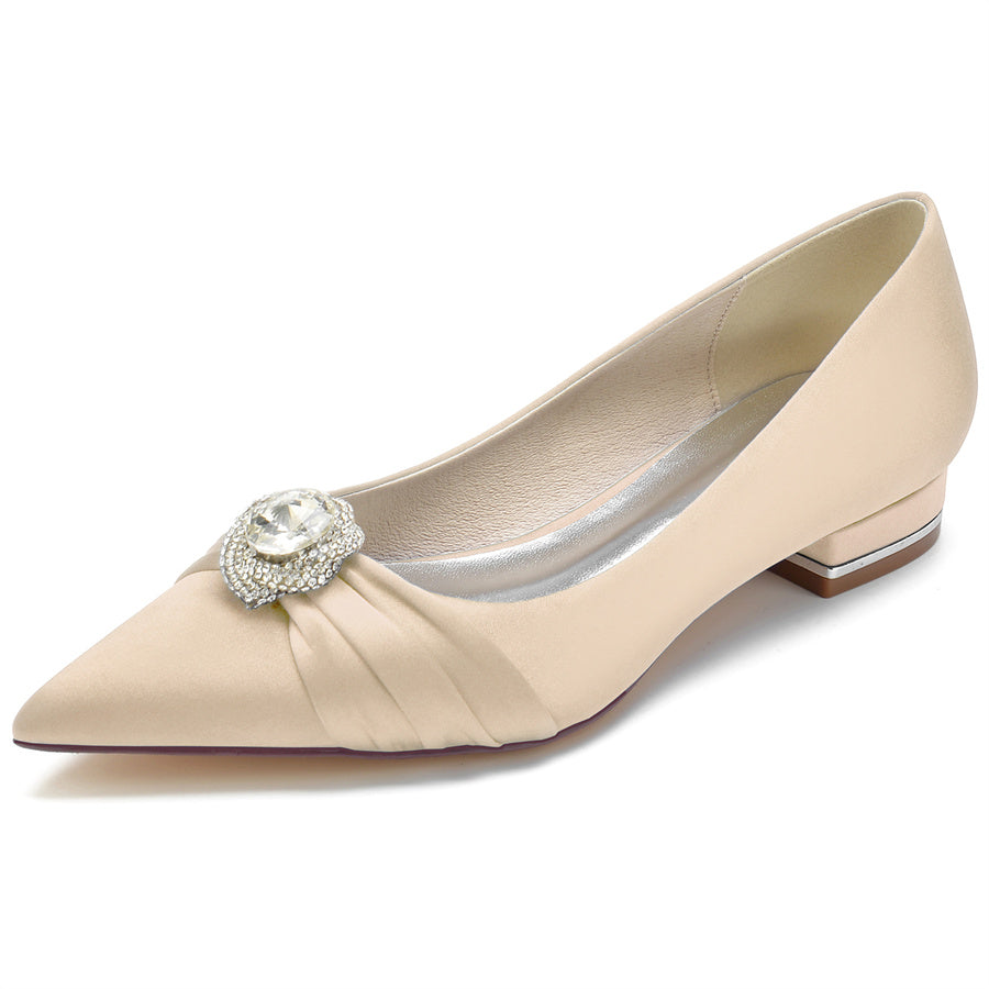Bridal Shoes for Women with Low Heel Pointed Toe and Round Rhinestones