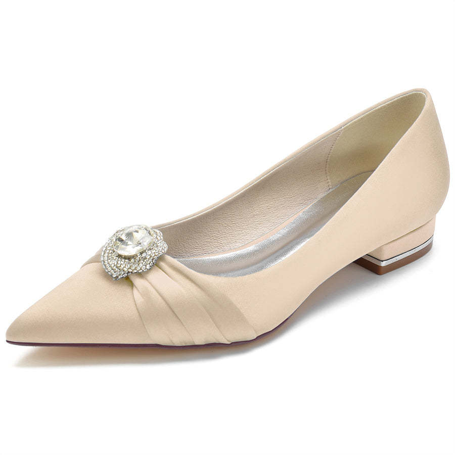 Bridal Shoes for Women with Low Heel Pointed Toe and Round Rhinestones