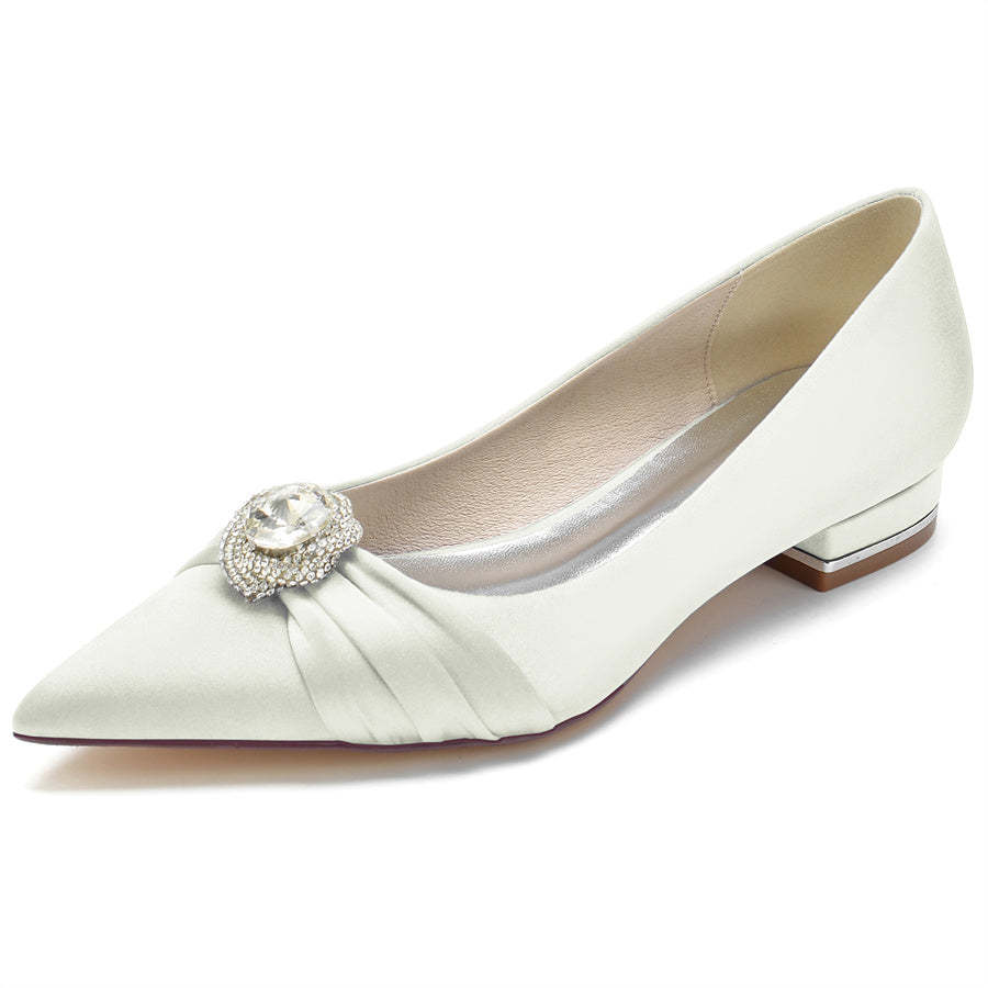 Bridal Shoes for Women with Low Heel Pointed Toe and Round Rhinestones