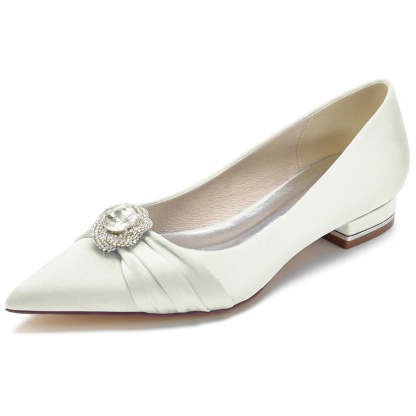 Bridal Shoes for Women with Low Heel Pointed Toe and Round Rhinestones
