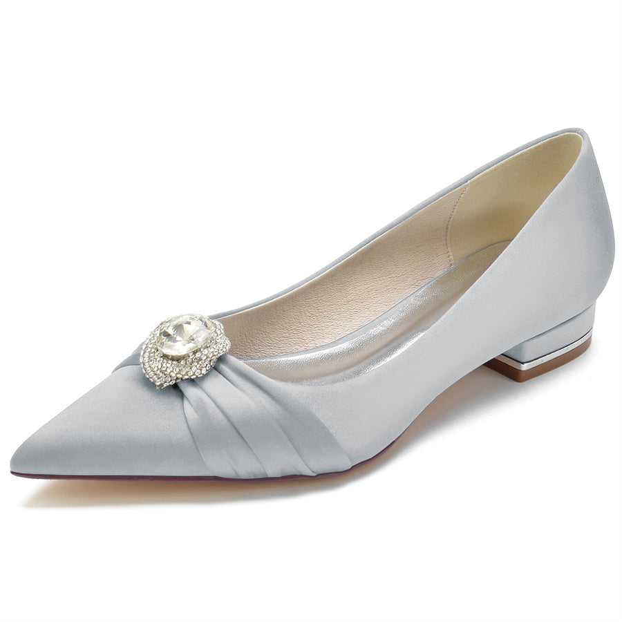 Bridal Shoes for Women with Low Heel Pointed Toe and Round Rhinestones