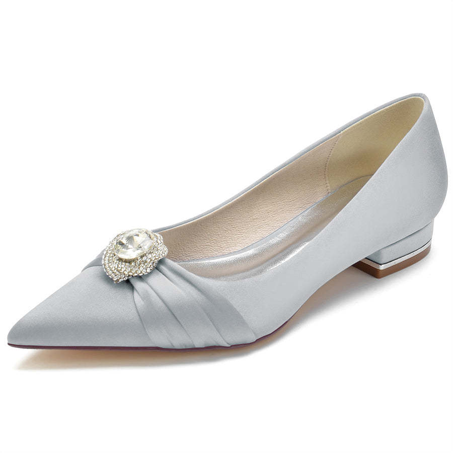 Bridal Shoes for Women with Low Heel Pointed Toe and Round Rhinestones