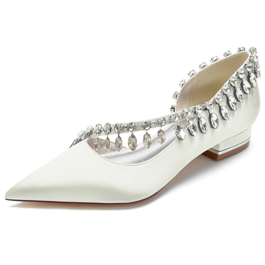 Bridal Shoes for Women with Crystals Tassel Pointed Toe and Low Heel