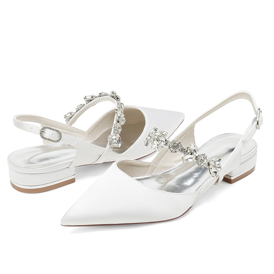 Bridal Shoes for Women with Rhinestone Straps and Pointed Toe Low Heel