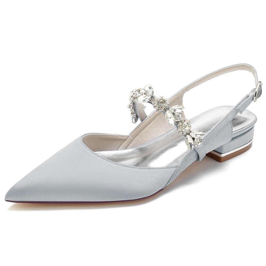 Bridal Shoes for Women with Rhinestone Straps and Pointed Toe Low Heel