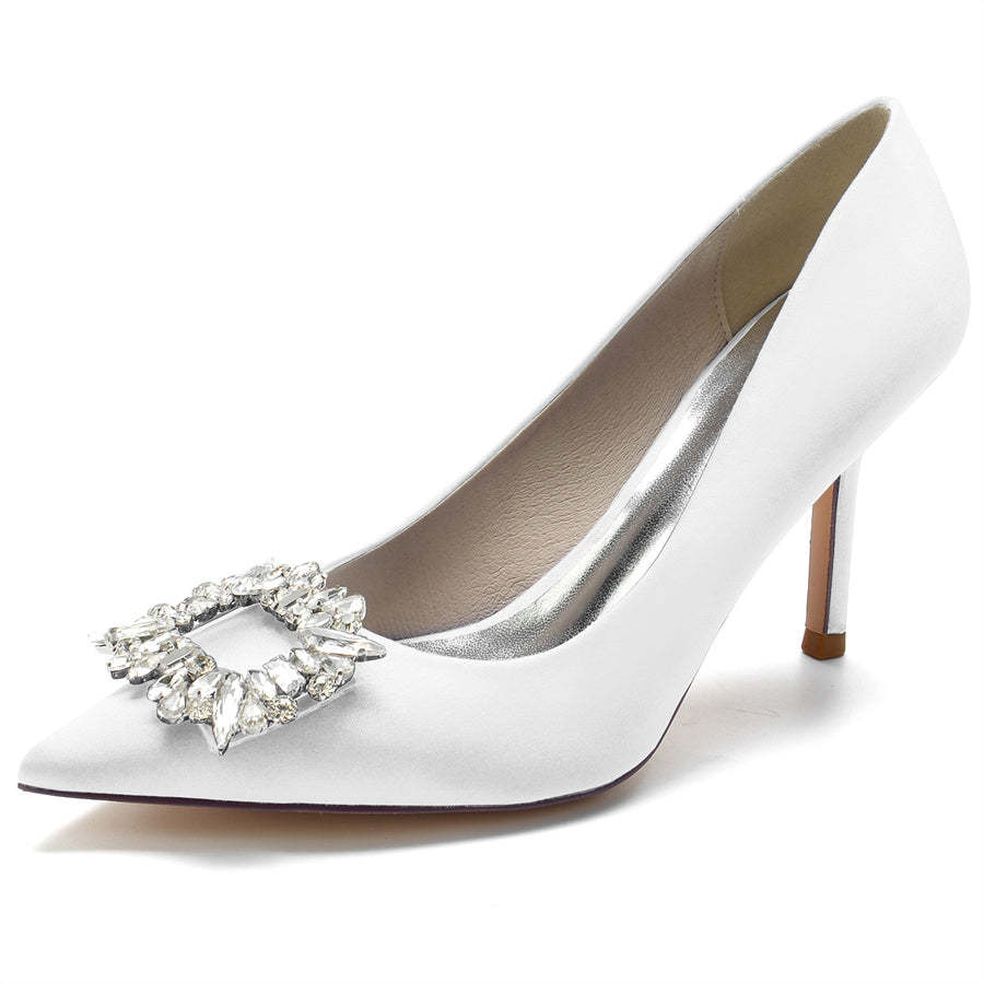 Bridal High Heel Shoes for Women with Pointed Toe and Square Rhinestones
