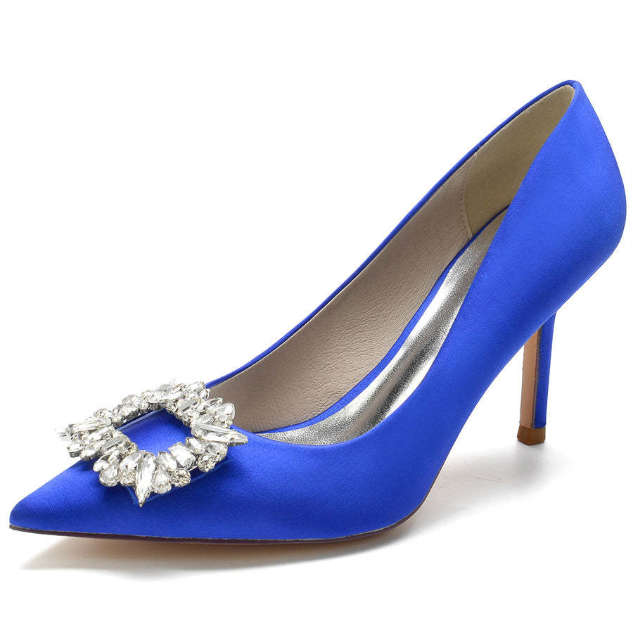 Bridal High Heel Shoes for Women with Pointed Toe and Square Rhinestones