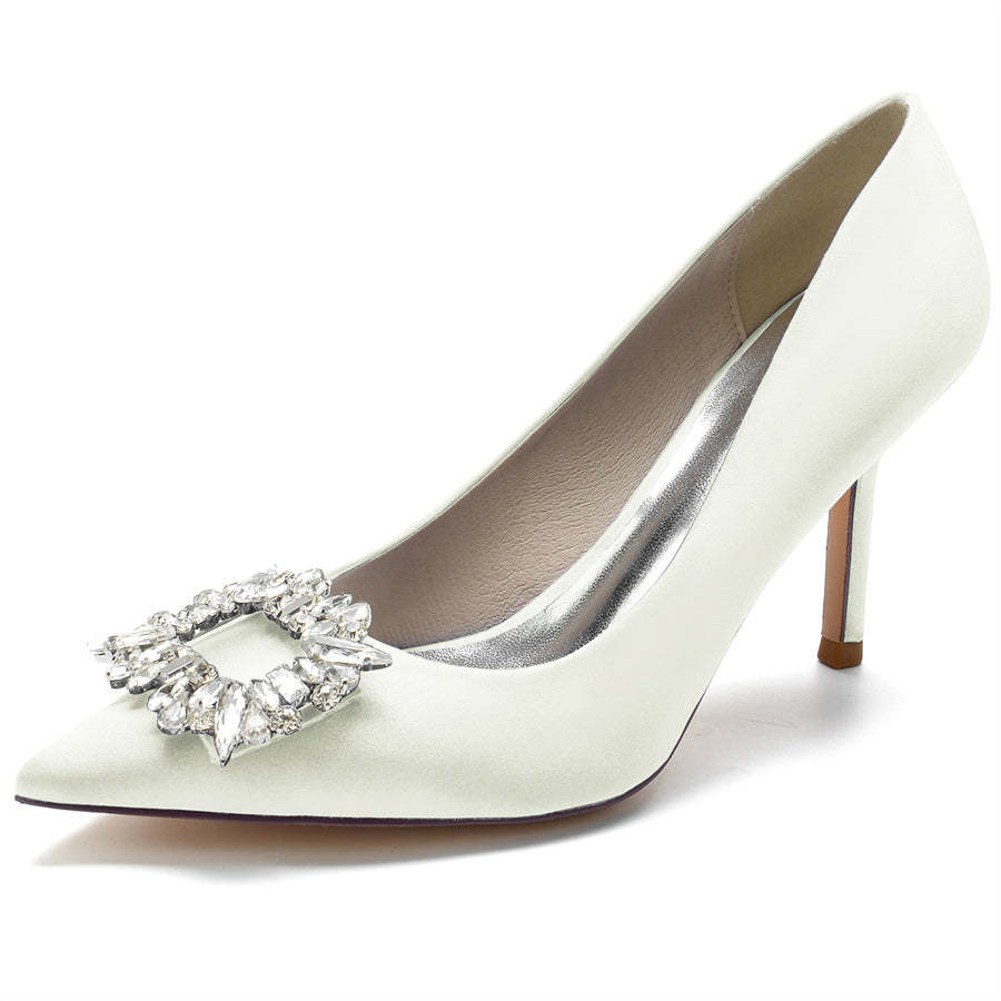 Bridal High Heel Shoes for Women with Pointed Toe and Square Rhinestones