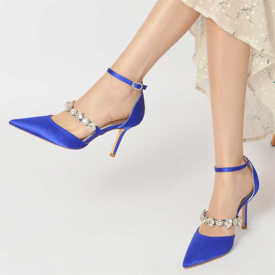 Bridal High Heel Shoes for Women with Crystal Strap and Pointed Toe Buckle