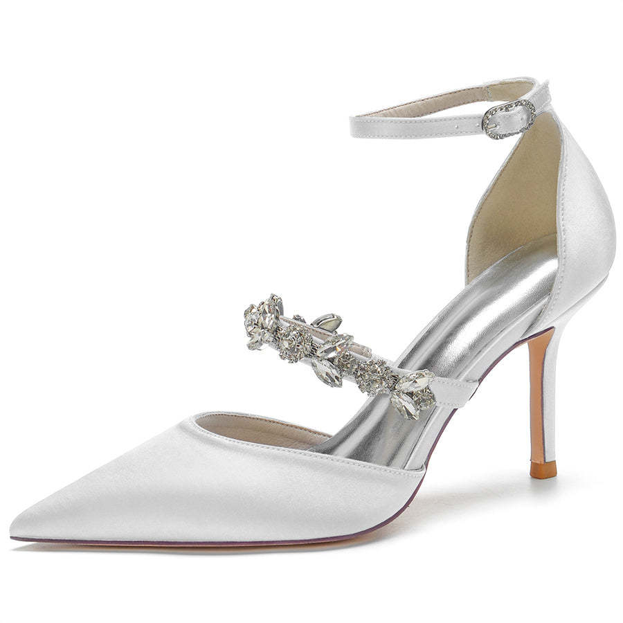 Bridal High Heel Shoes for Women with Crystal Strap and Pointed Toe Buckle