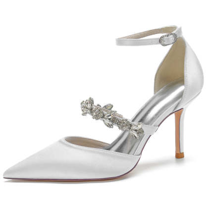 Bridal High Heel Shoes for Women with Crystal Strap and Pointed Toe Buckle