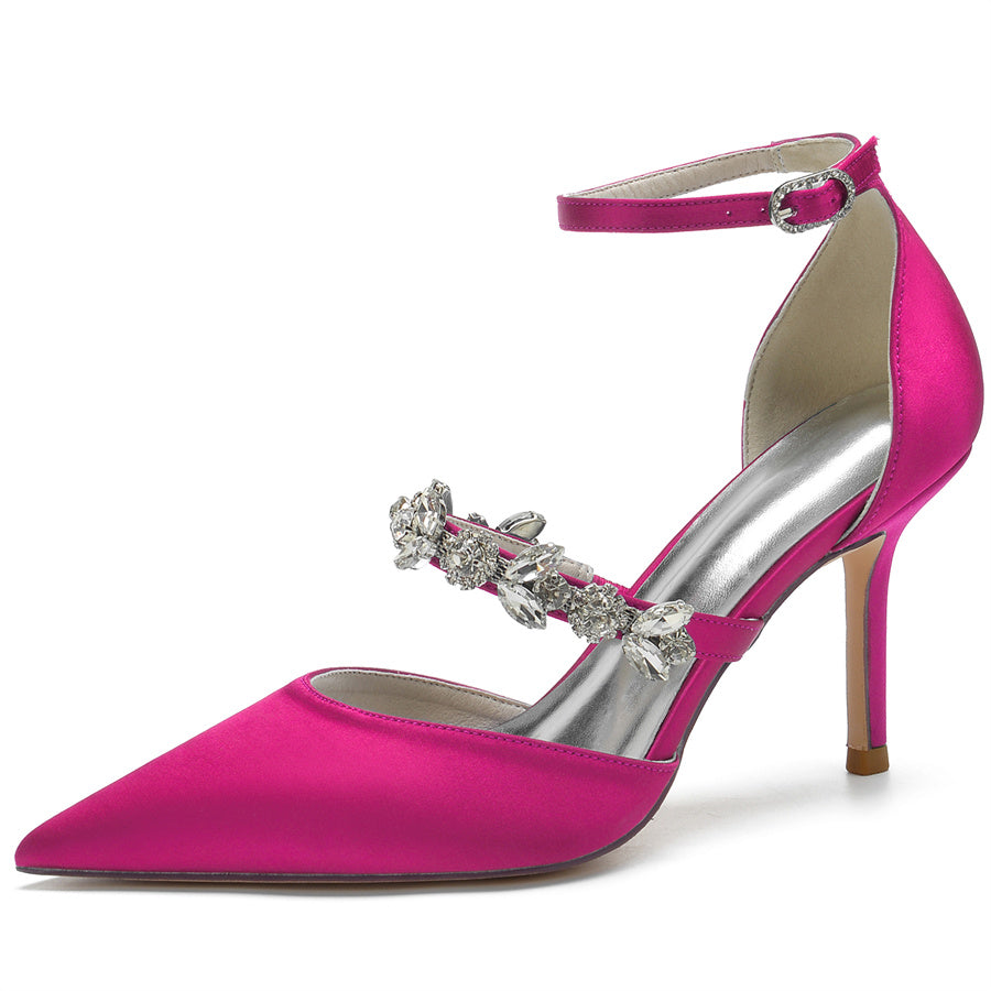 Bridal High Heel Shoes for Women with Crystal Strap and Pointed Toe Buckle
