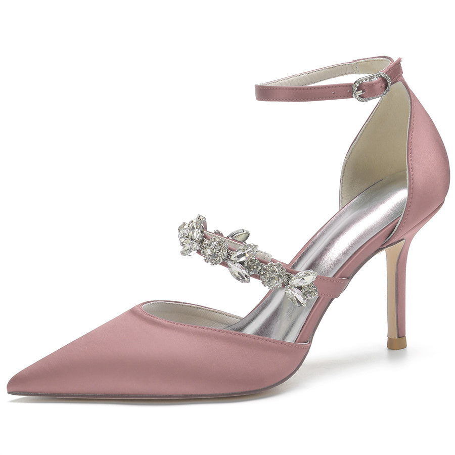 Bridal High Heel Shoes for Women with Crystal Strap and Pointed Toe Buckle