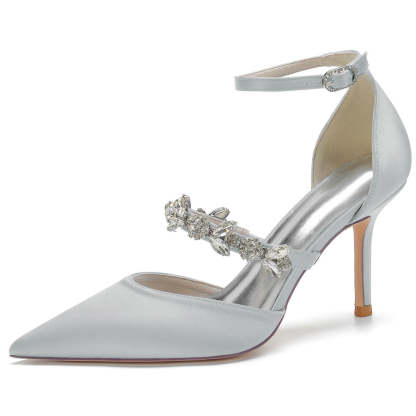 Bridal High Heel Shoes for Women with Crystal Strap and Pointed Toe Buckle