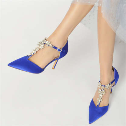 Bridal High Heel Shoes for Women with Rhinestones and Buckle Pointed Toe