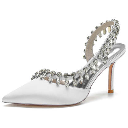 Bridal High Heel Shoes for Women with Pointed Toe Crystals and Tassel