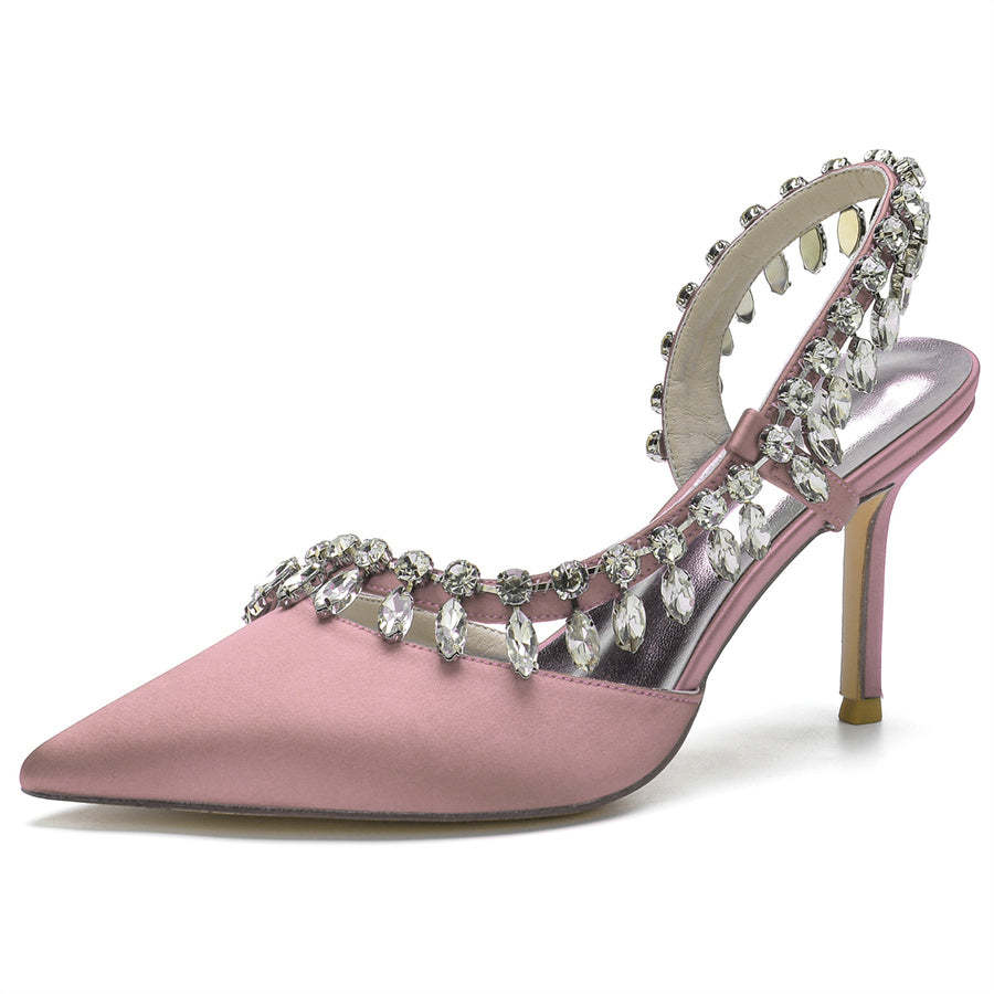 Bridal High Heel Shoes for Women with Pointed Toe Crystals and Tassel