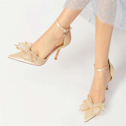 Bridal High Heel Shoes for Women with Pointed Toe and Crystal Bow