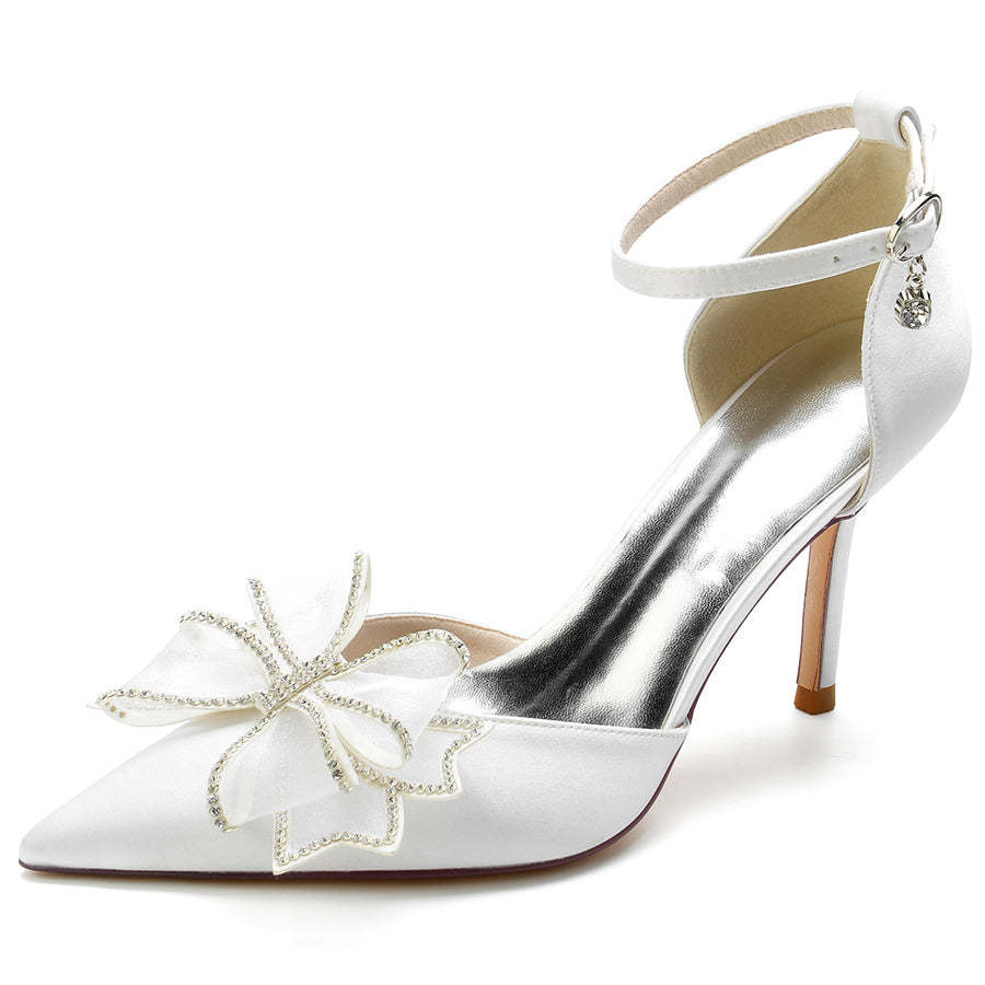 Bridal High Heel Shoes for Women with Pointed Toe and Crystal Bow