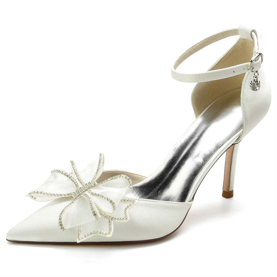 Bridal High Heel Shoes for Women with Pointed Toe and Crystal Bow