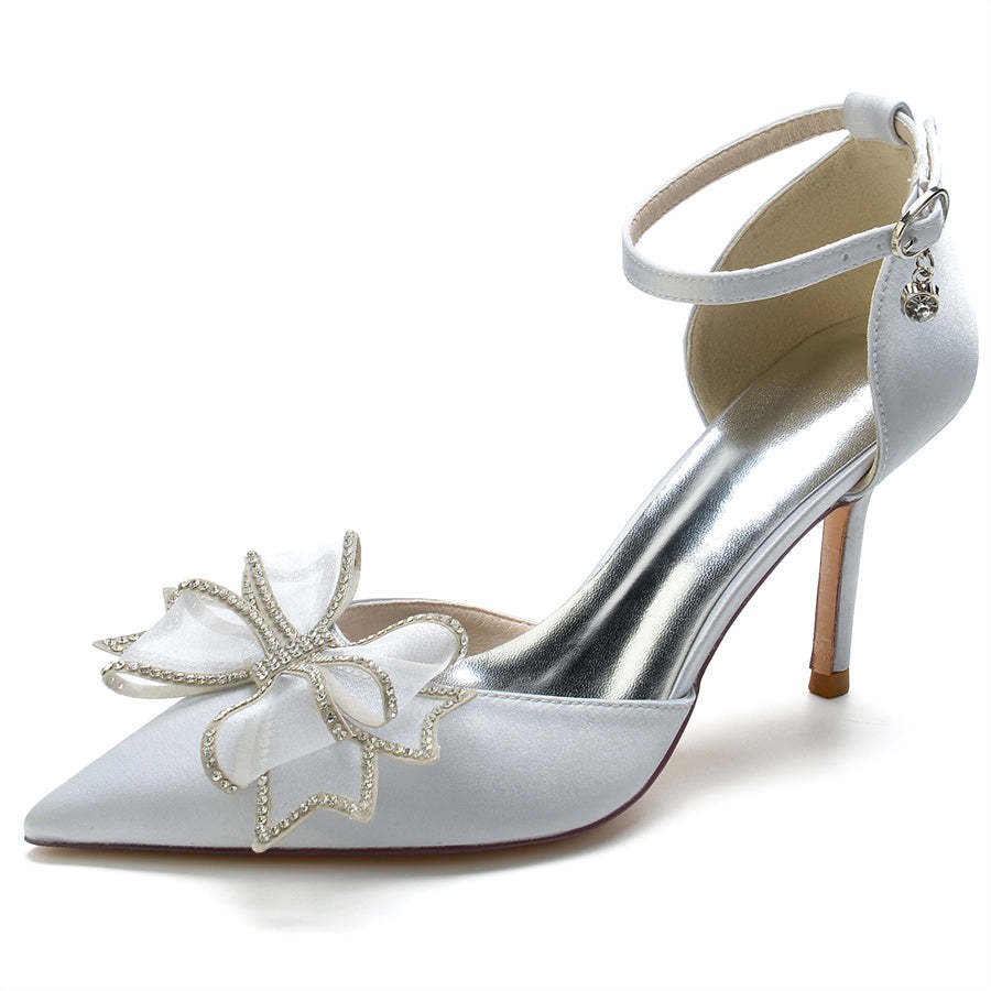 Bridal High Heel Shoes for Women with Pointed Toe and Crystal Bow