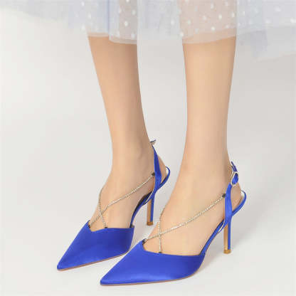 Bridal High Heel Shoes for Women with Cross Crystal Straps and Pointed Toes