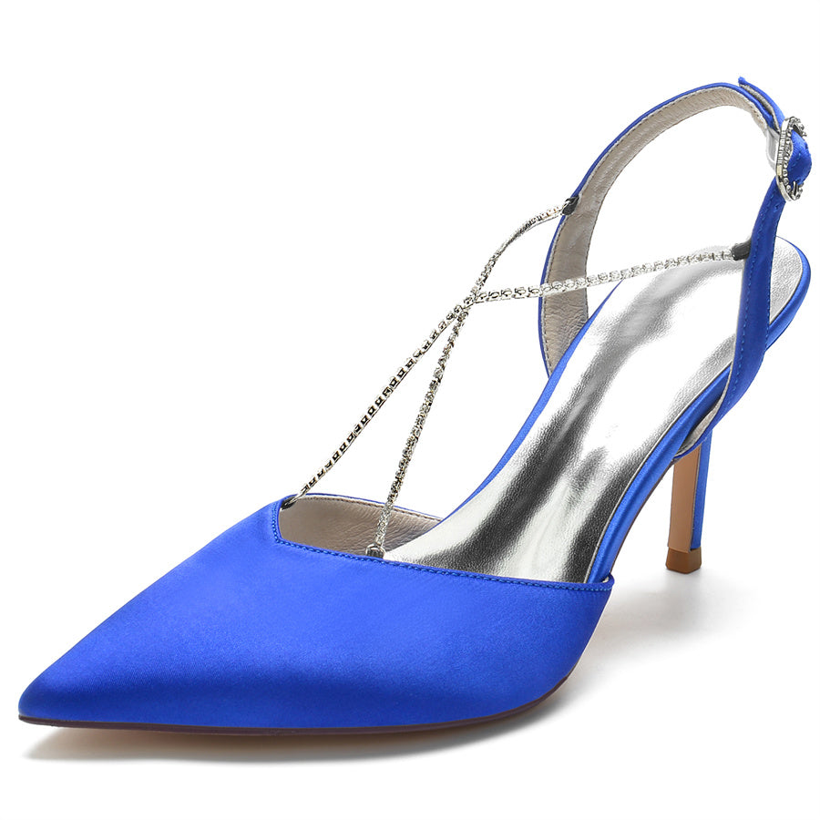 Bridal High Heel Shoes for Women with Cross Crystal Straps and Pointed Toes
