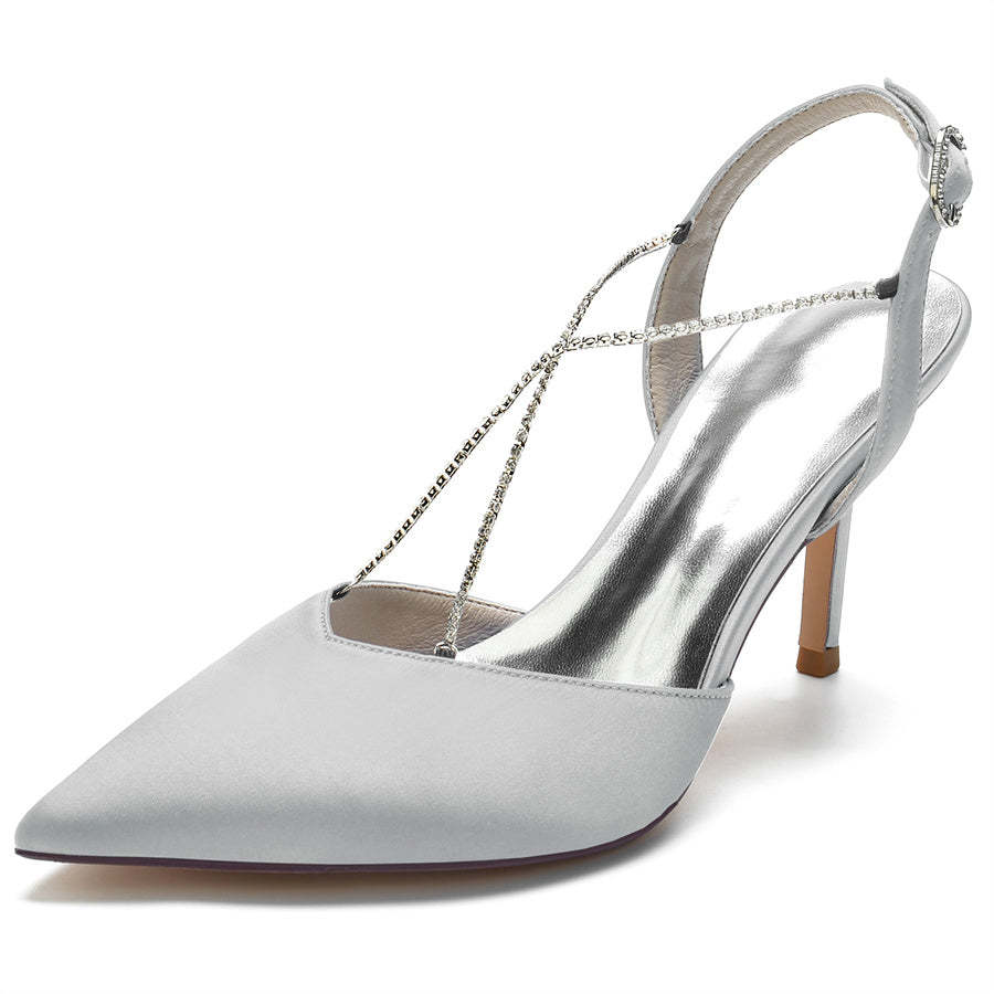 Bridal High Heel Shoes for Women with Cross Crystal Straps and Pointed Toes
