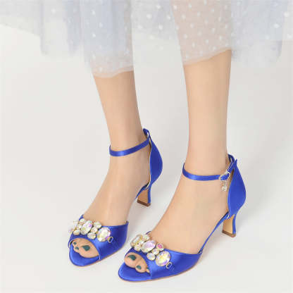 Bridal Peep Toe Mid Heel Shoes for Women with Colorful Crystals