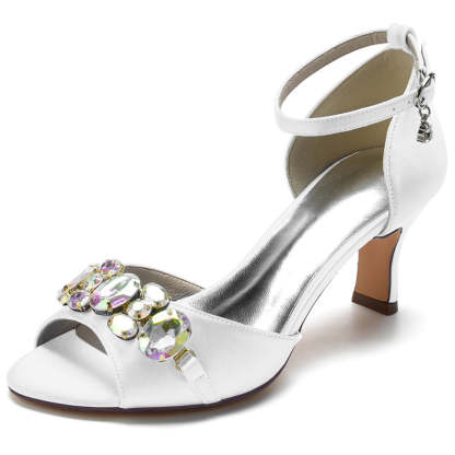 Bridal Peep Toe Mid Heel Shoes for Women with Colorful Crystals