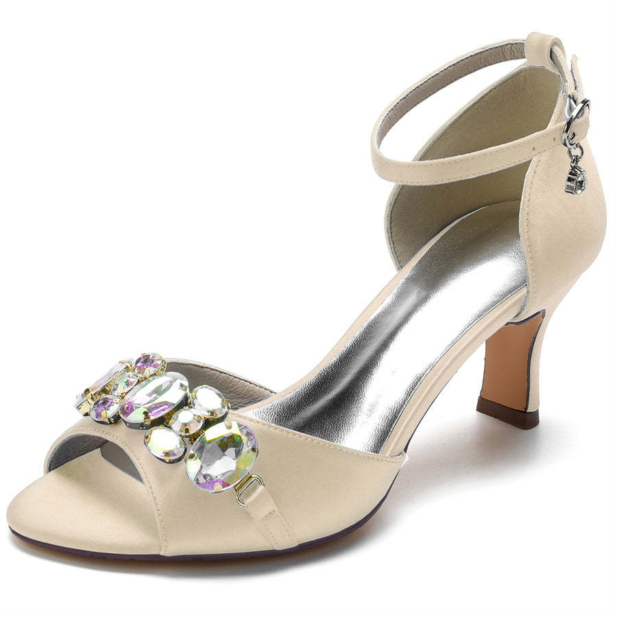 Bridal Peep Toe Mid Heel Shoes for Women with Colorful Crystals