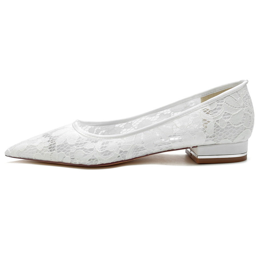 Bridal Shoes for Women with Pointed Toe and Low Heel in Minimalist Lace Design