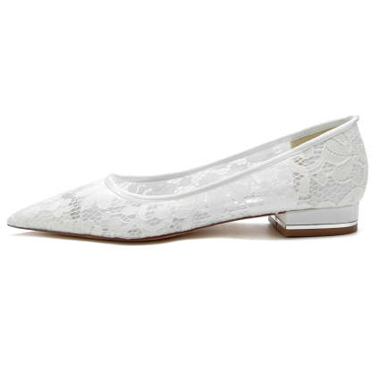 Bridal Shoes for Women with Pointed Toe and Low Heel in Minimalist Lace Design