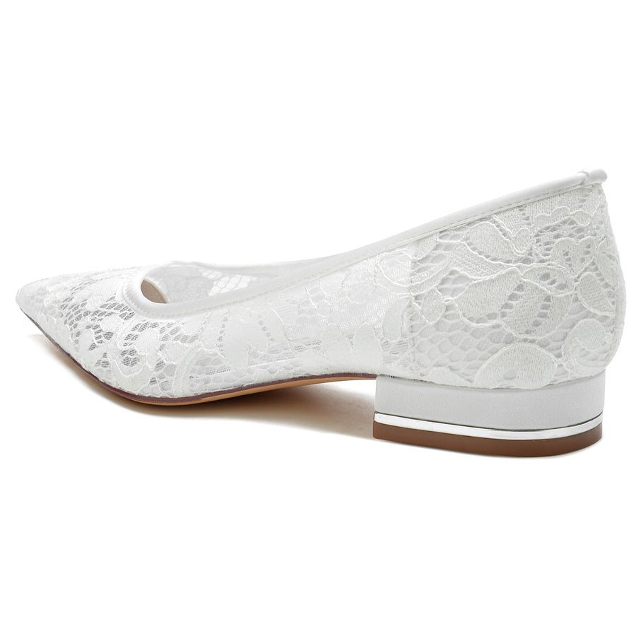 Bridal Shoes for Women with Pointed Toe and Low Heel in Minimalist Lace Design
