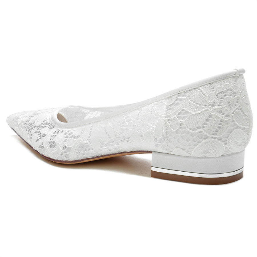 Bridal Shoes for Women with Pointed Toe and Low Heel in Minimalist Lace Design