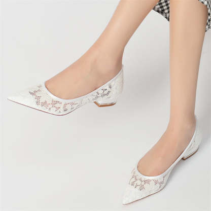Bridal Shoes for Women with Pointed Toe and Low Heel in Minimalist Lace Design