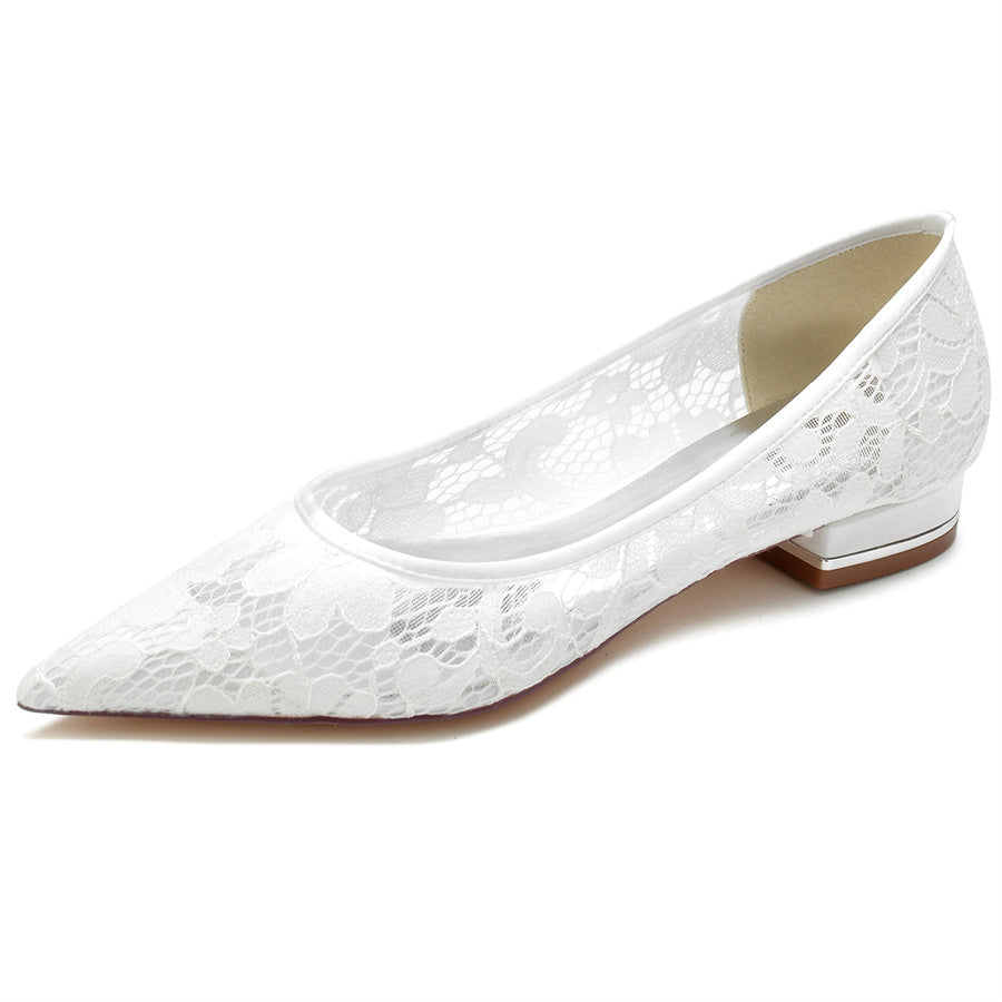 Bridal Shoes for Women with Pointed Toe and Low Heel in Minimalist Lace Design
