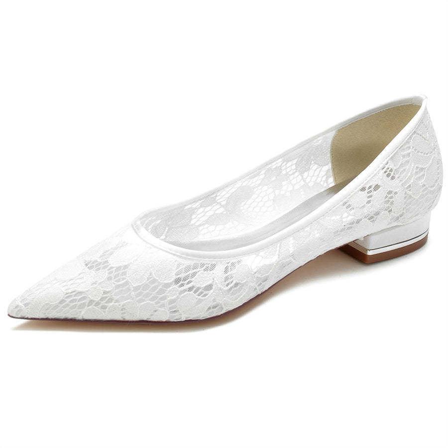 Bridal Shoes for Women with Pointed Toe and Low Heel in Minimalist Lace Design
