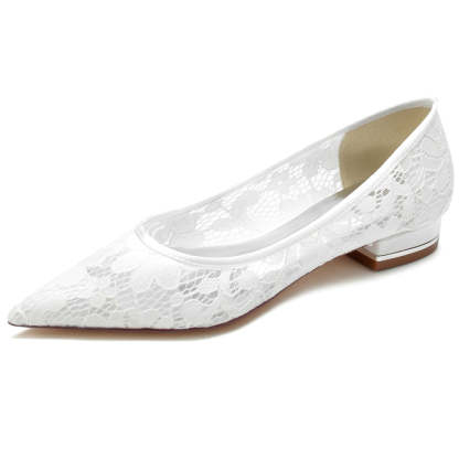 Bridal Shoes for Women with Pointed Toe and Low Heel in Minimalist Lace Design