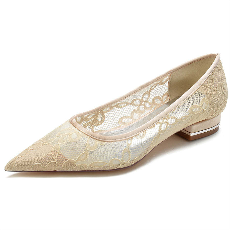 Bridal Shoes for Women with Pointed Toe and Low Heel in Minimalist Lace Design