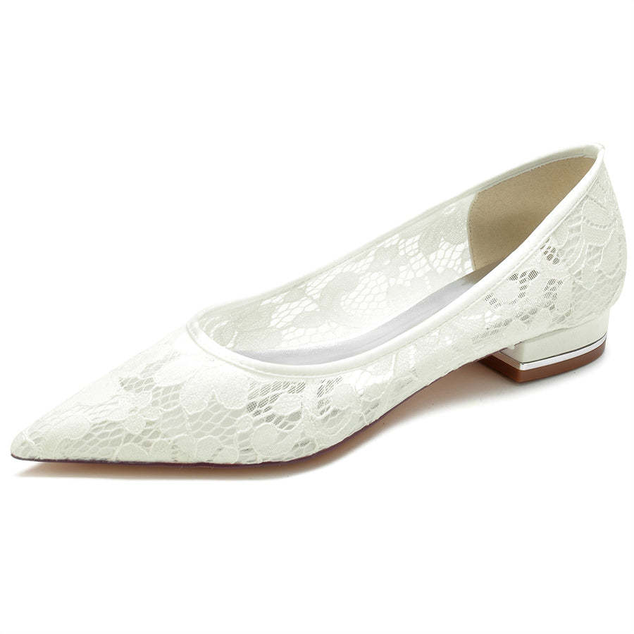 Bridal Shoes for Women with Pointed Toe and Low Heel in Minimalist Lace Design