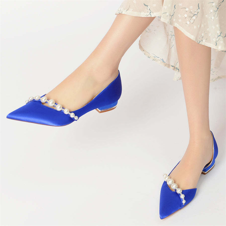 Elegant Low Heel Bridal Shoes for Women with Pearls and Pointed Toe