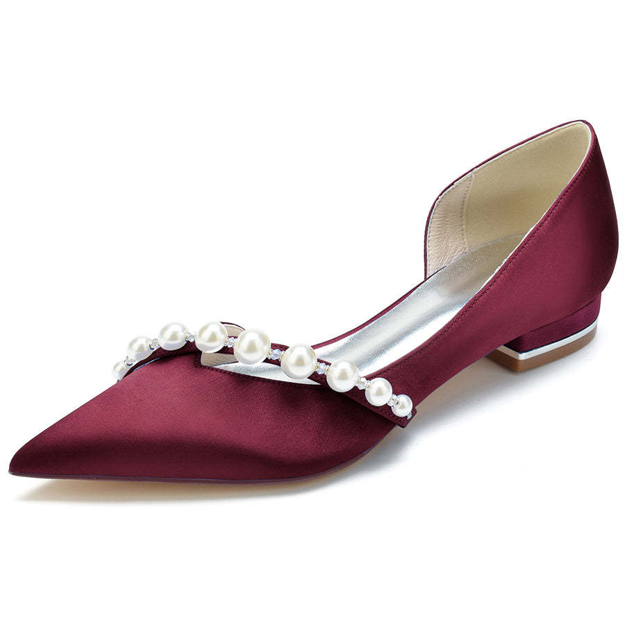 Elegant Low Heel Bridal Shoes for Women with Pearls and Pointed Toe