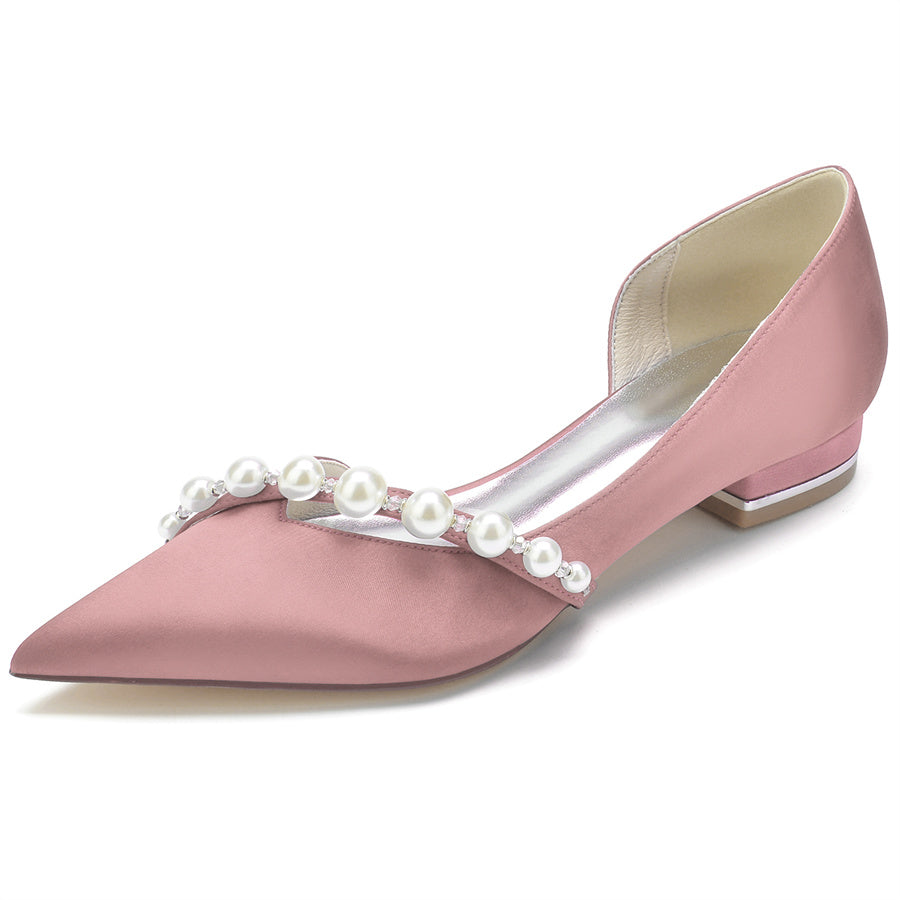 Elegant Low Heel Bridal Shoes for Women with Pearls and Pointed Toe