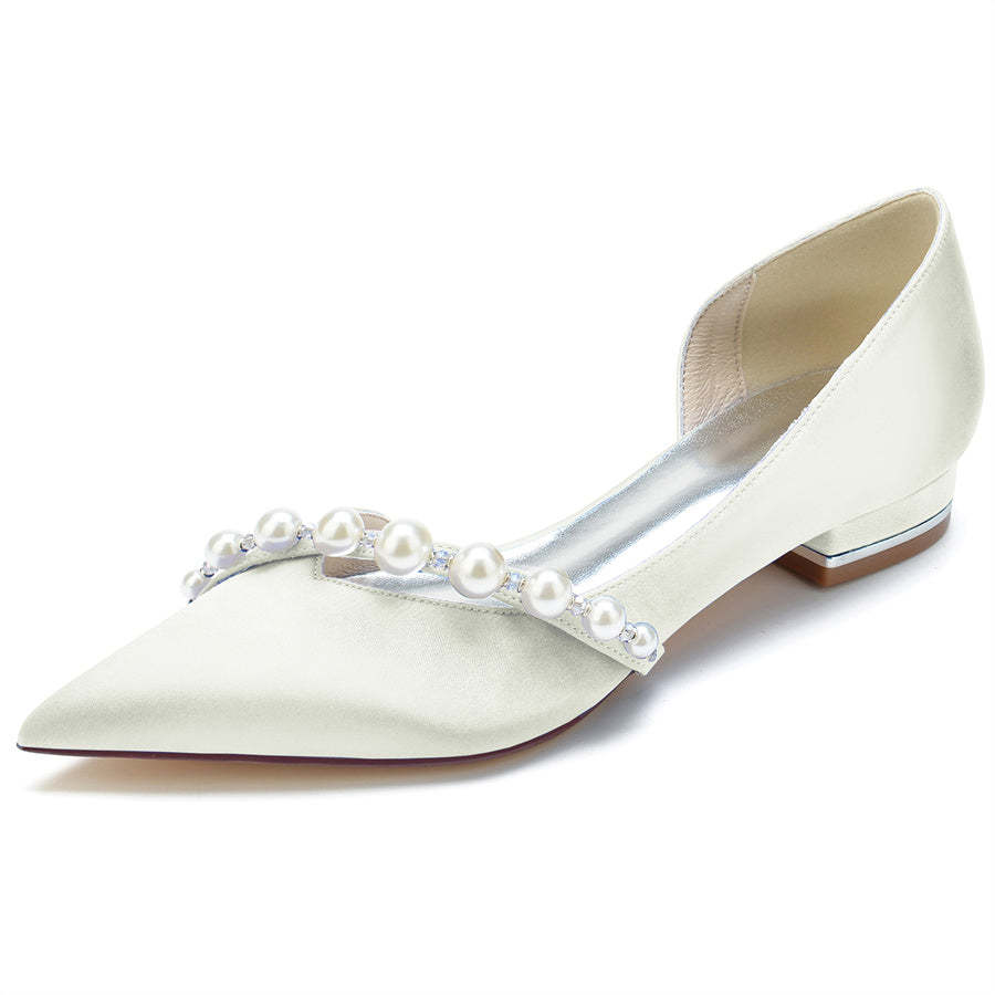 Elegant Low Heel Bridal Shoes for Women with Pearls and Pointed Toe