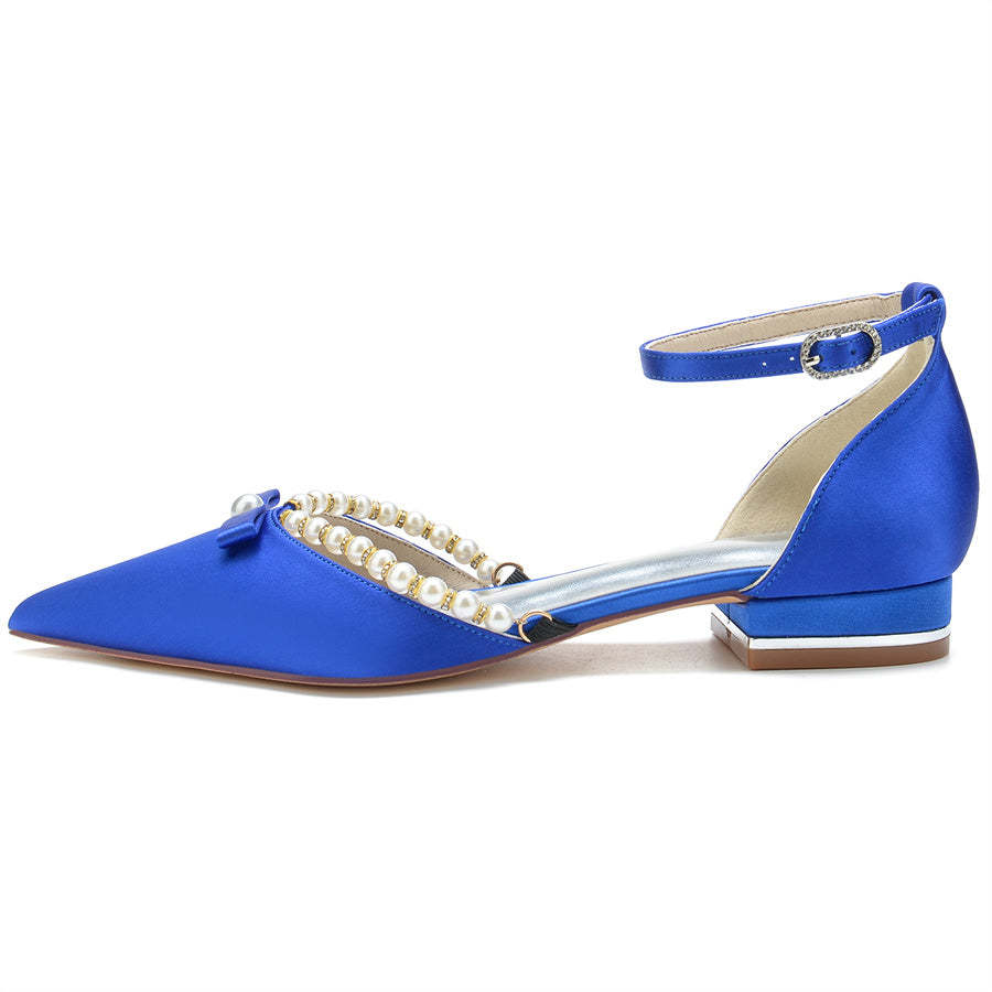 Elegant Low-Heel Bridal Shoes with Pearls for Women Pointed Toe
