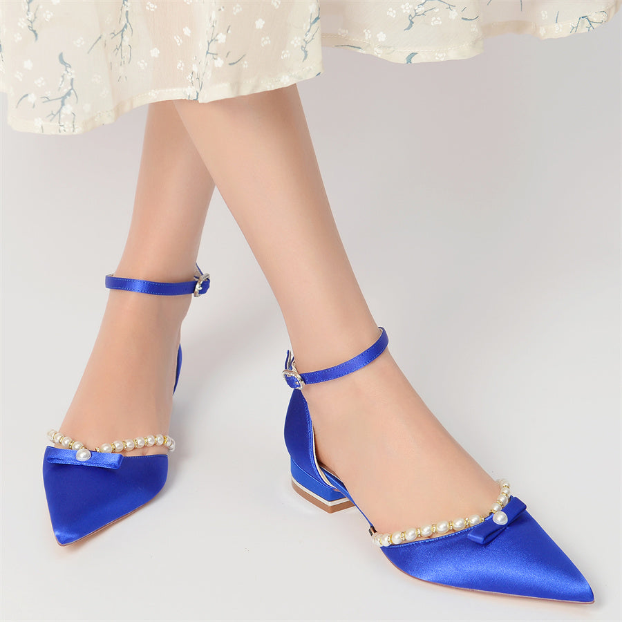 Elegant Low-Heel Bridal Shoes with Pearls for Women Pointed Toe