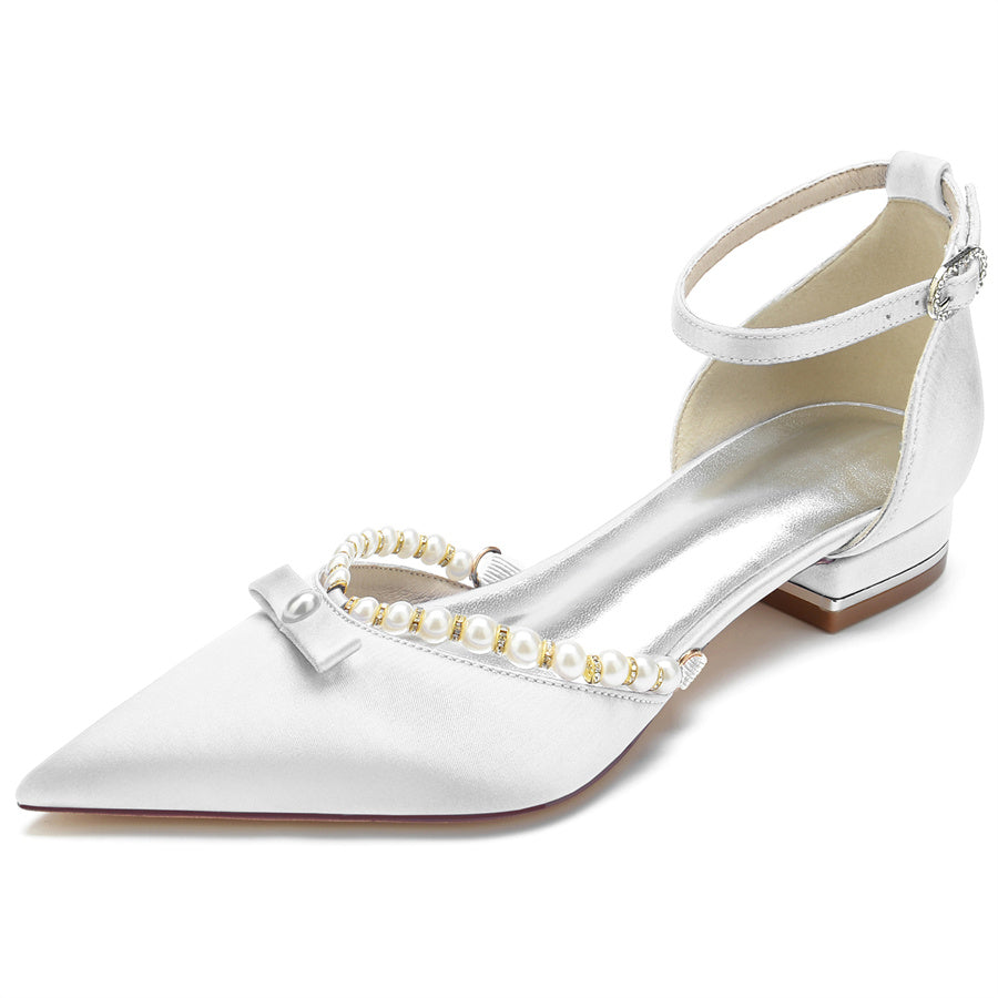 Elegant Low-Heel Bridal Shoes with Pearls for Women Pointed Toe