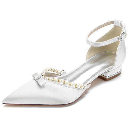 Elegant Low-Heel Bridal Shoes with Pearls for Women Pointed Toe